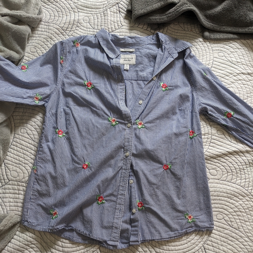 charter club blue and white button up shirt